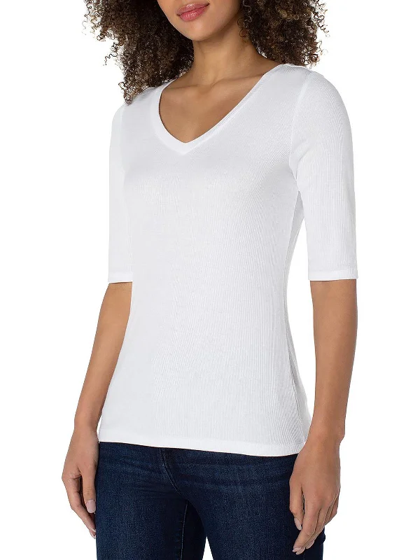 Womens Ribbed V-Neck Pullover Top