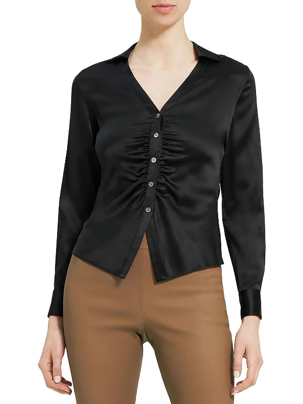 Womens Satin Button-Down Top