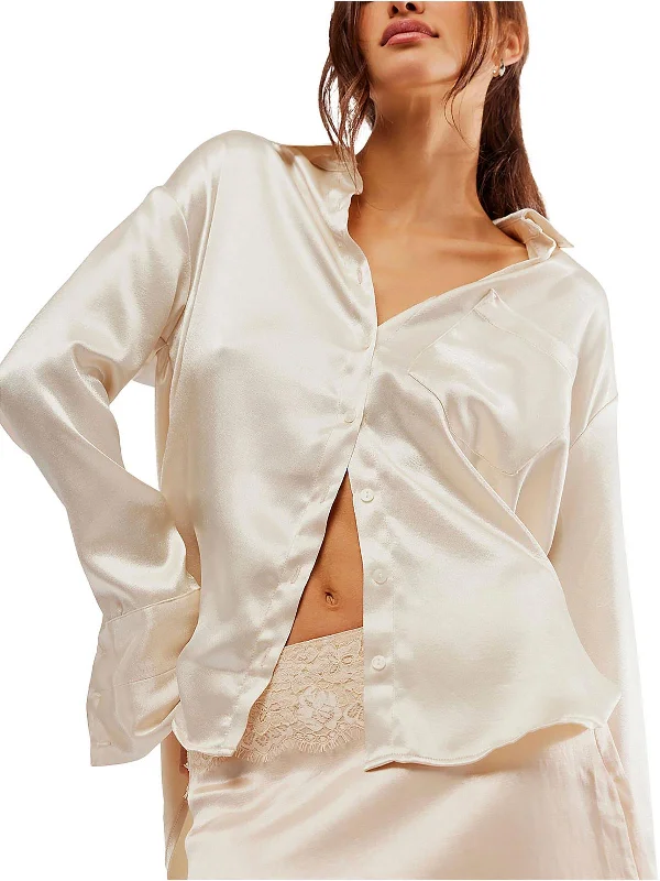 Womens Satin Collared Button-Down Top