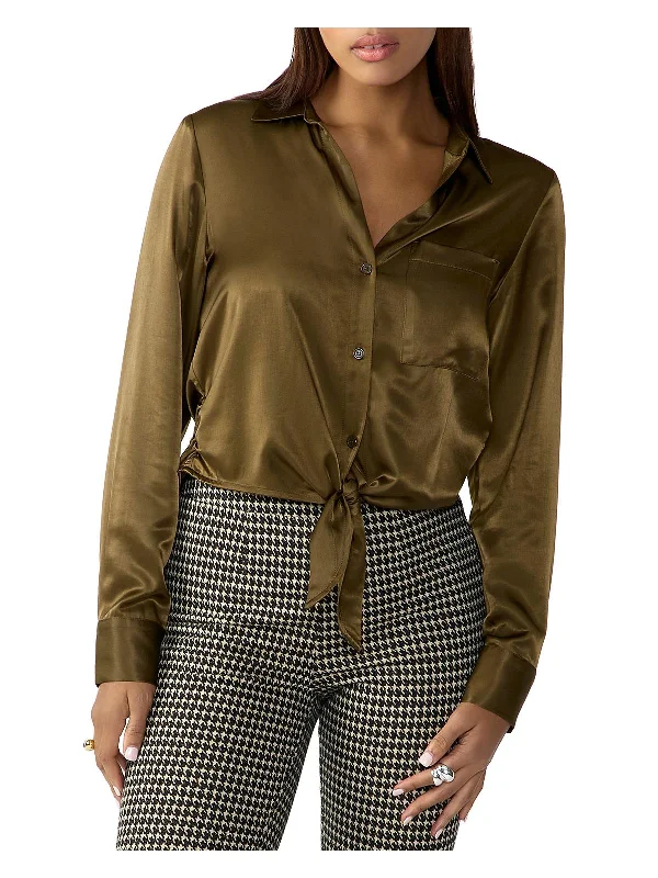 Womens Satin Tie Front Button-Down Top