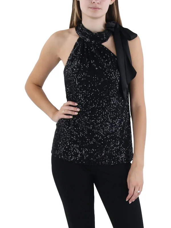 Womens Sequined Mock Neck Halter Top