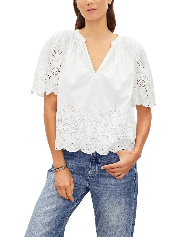 Womens Split Neck Embroidered Peasant Top