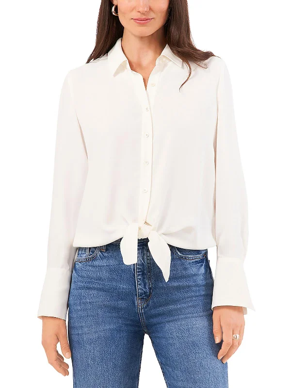 Womens Tie Front Collared Button-Down Top