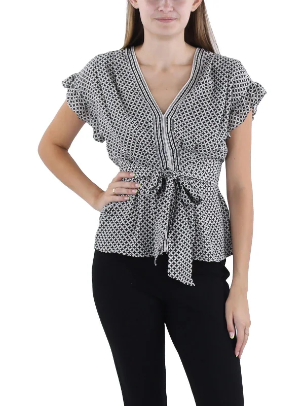 Womens V Neck Tie Waist Blouse