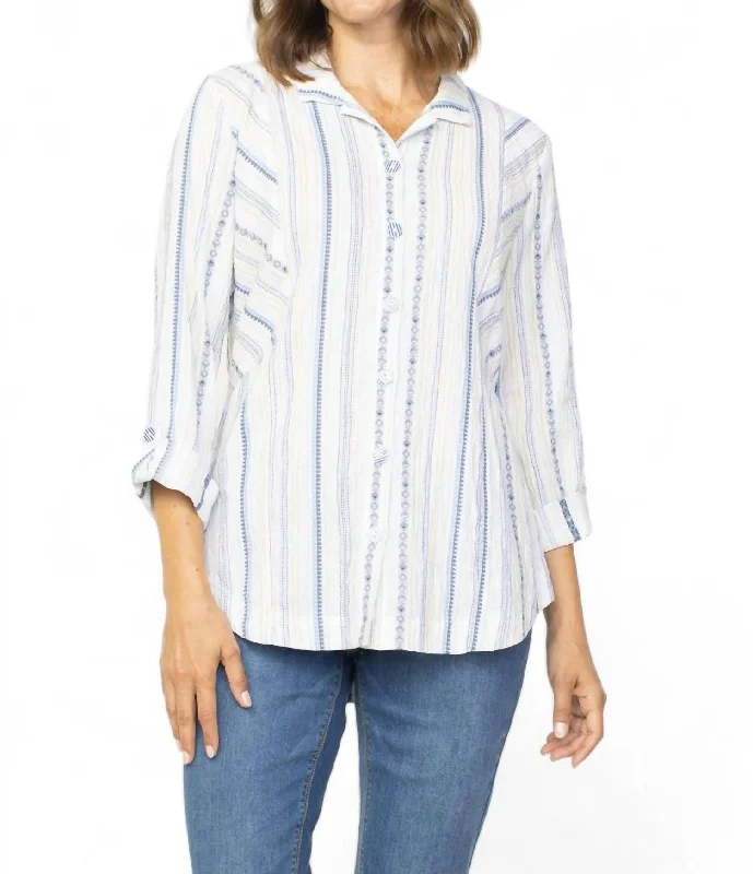 Women's Woven Button Up Curved Hem Long Top In White